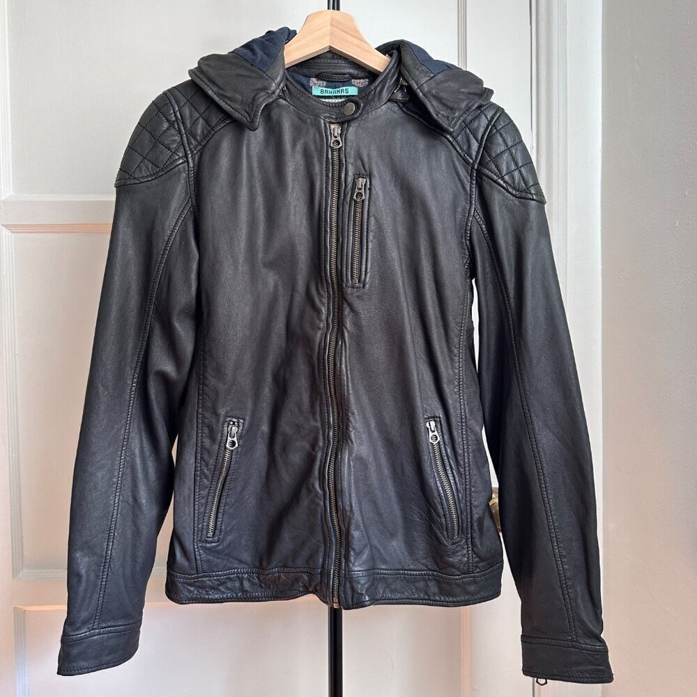 Scotch & Soda Black Leather Hooded Zip Moto Biker Jacket RARE Small
